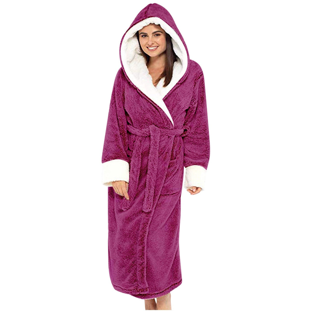 Comfortabele fleece ochtendjas met capuchon en strikceintuur