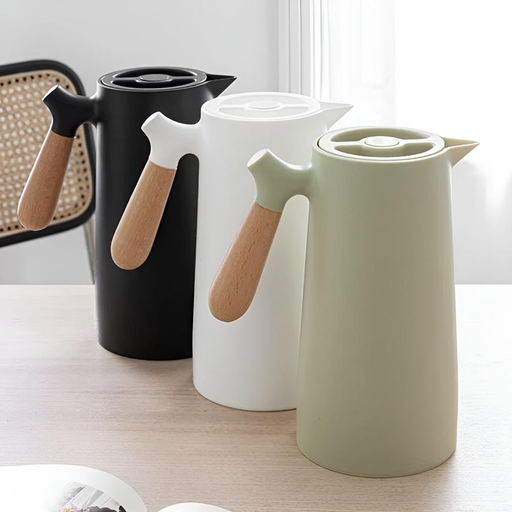 Dubbelwandige Isoleerkan 1 Liter met Houten Handvat en Drukknop