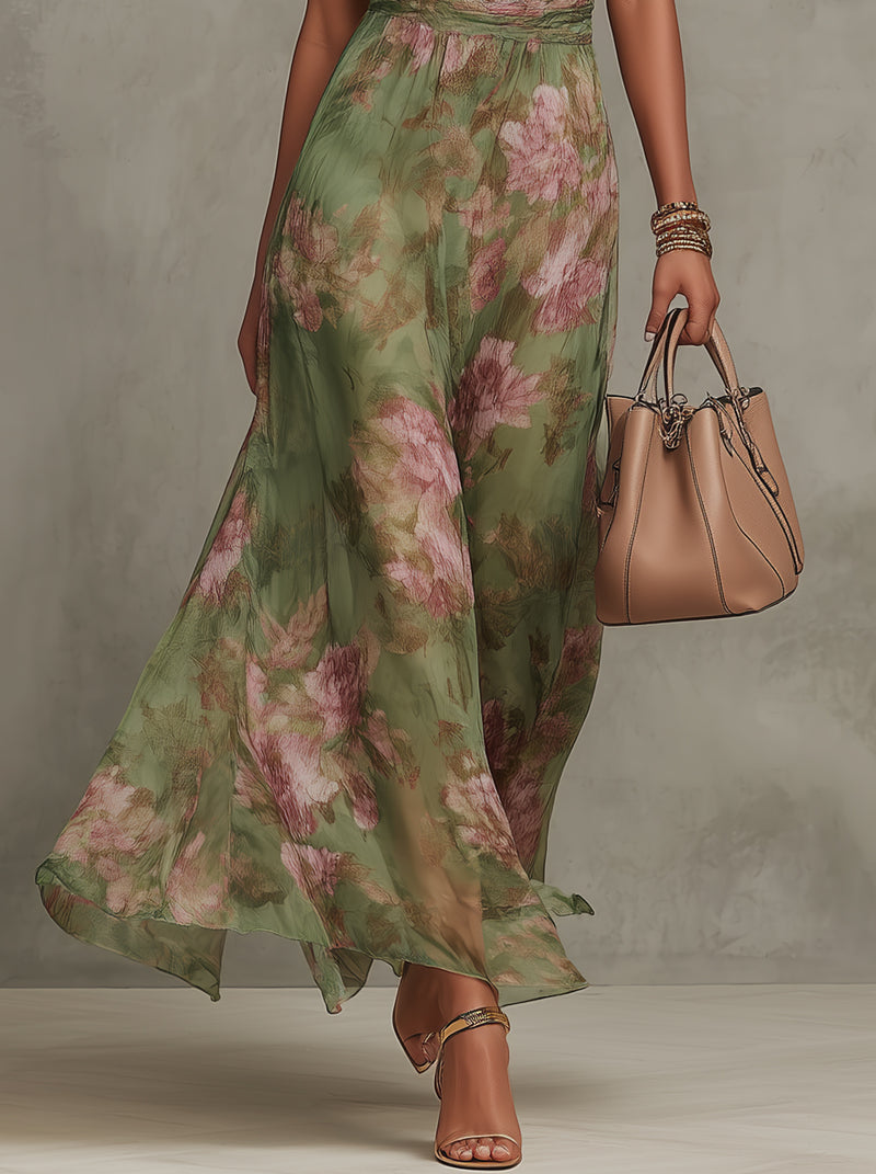 Elegante groene boho maxi-jurk voor een formele bruiloftsgast