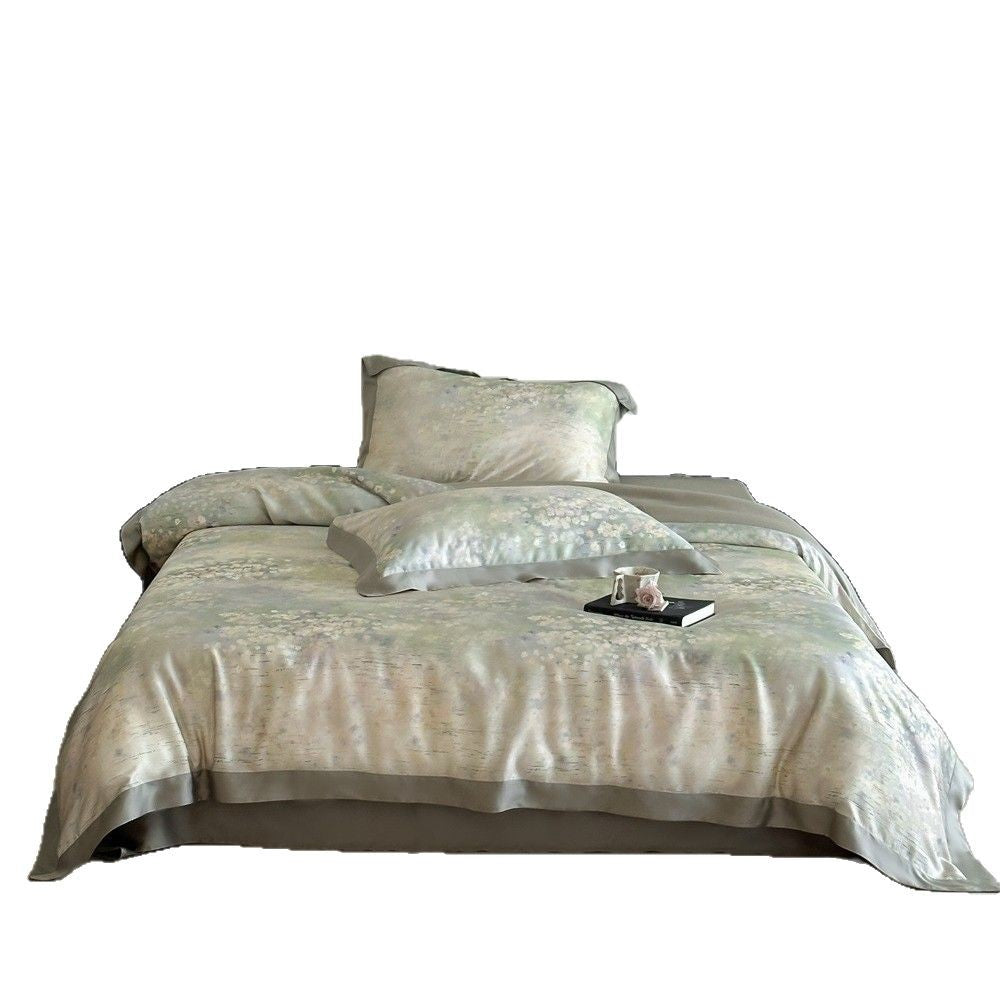 Elegante satijnen beddengoedset met aquarel bloemenprint en satijnen bies