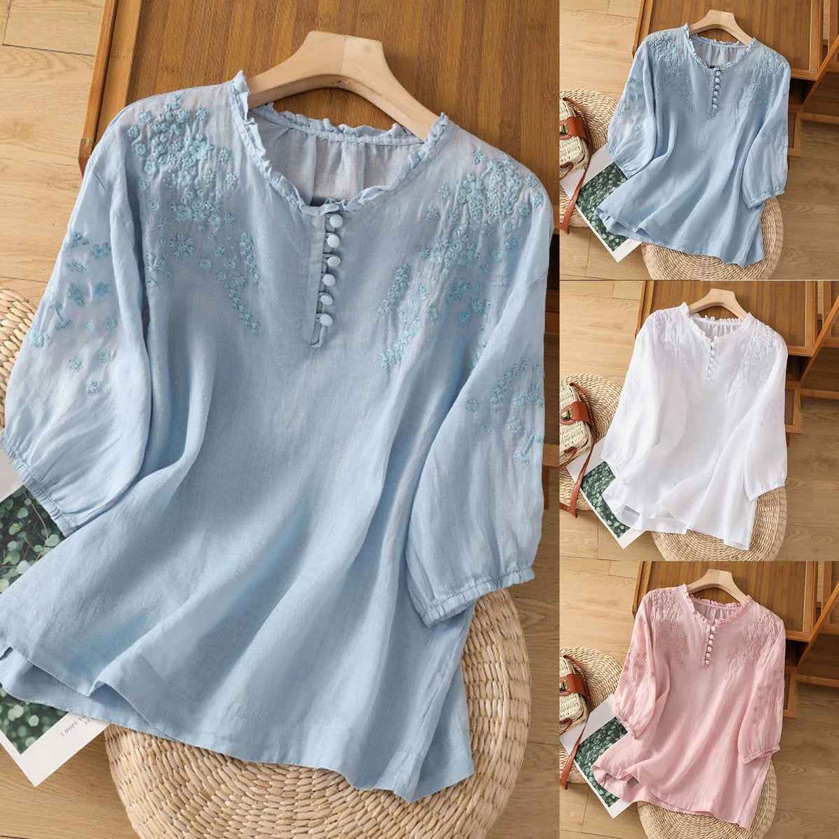 Geborduurde damesblouse met 3/4-mouwen