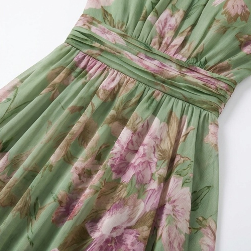 Luchtige zomerse maxi-jurk voor dames met bloemenprint in saliegroen