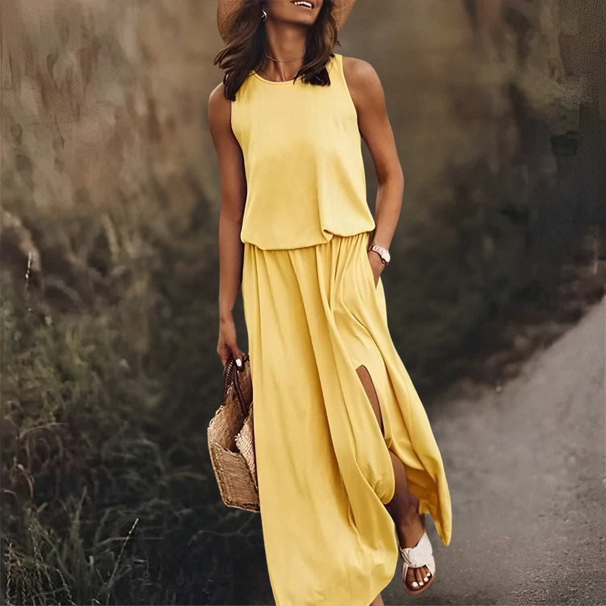 Mouwloze blouson-maxi-jurk voor dames met ronde hals en zijsplit
