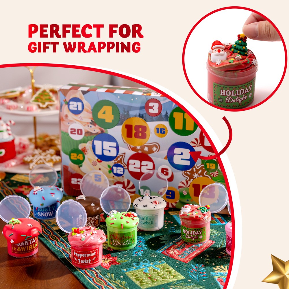 Slijm-adventsbox met 8 potjes en 16 zakjes bedeltjes en sprinkles om te mixen voor de feestdagen