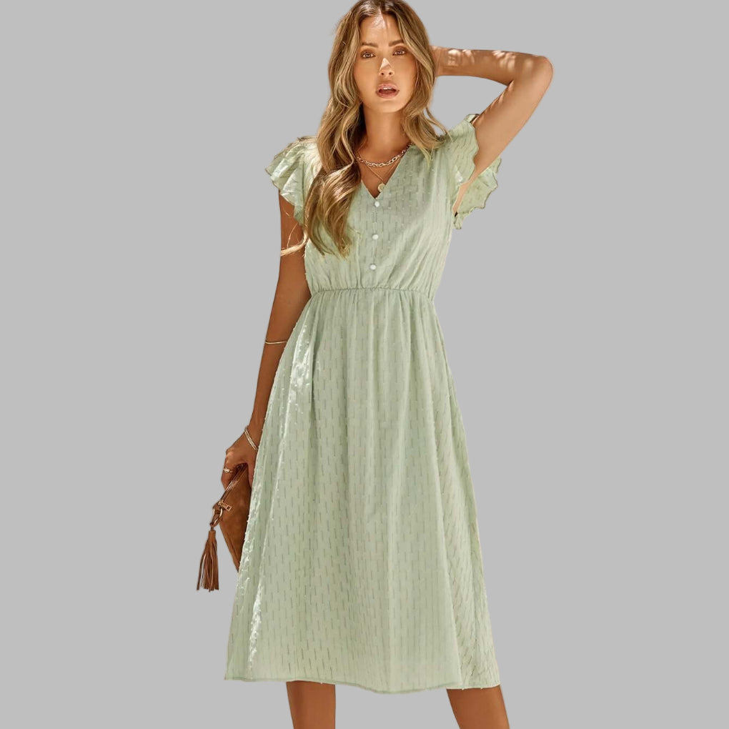 Soepelvallende midi-jurk voor dames met V-hals en ruffles