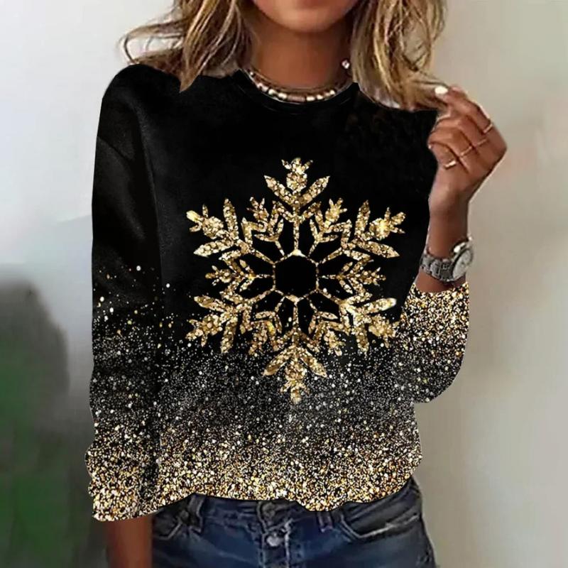 Zwart dames-T-shirt met lange mouwen, ronde hals en sneeuwvlok-glitterprint
