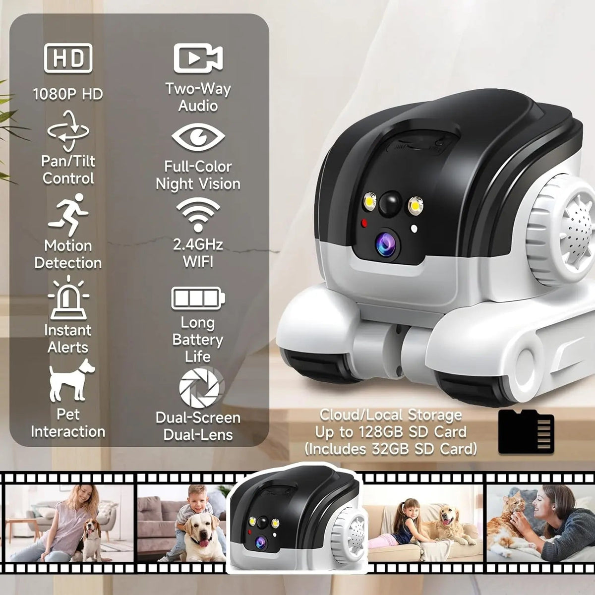 1080P huisdierencamera – Tweerichtingsaudio – Kleurennachtzicht tot 10 m – Bewegingsmeldingen – 32GB SD-kaart