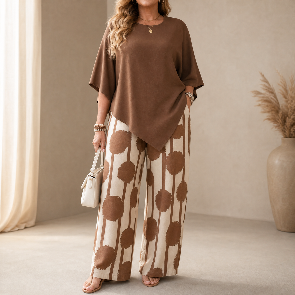 2-Delige set met asymmetrisch gedrapeerde top en bedrukte broek met wijde pijpen