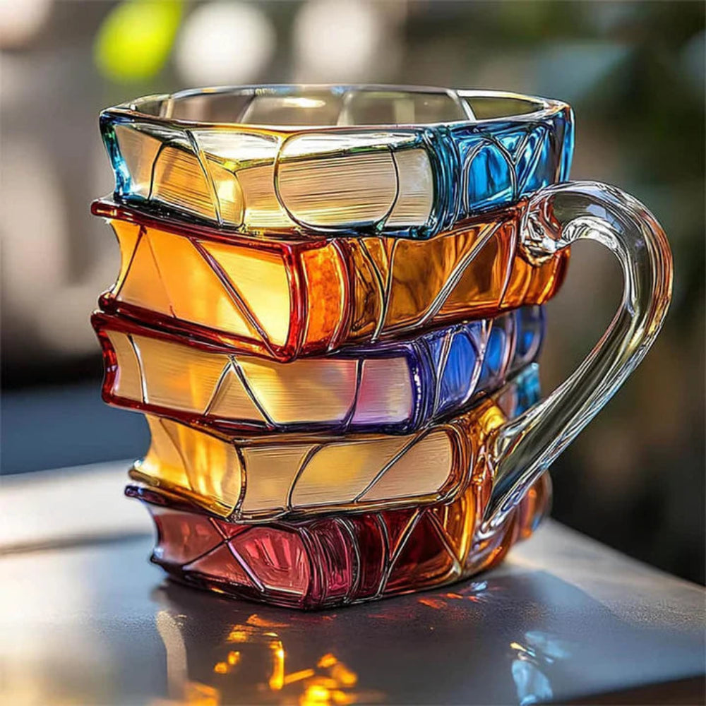 3D glazen mok in boekdesign als literair cadeau