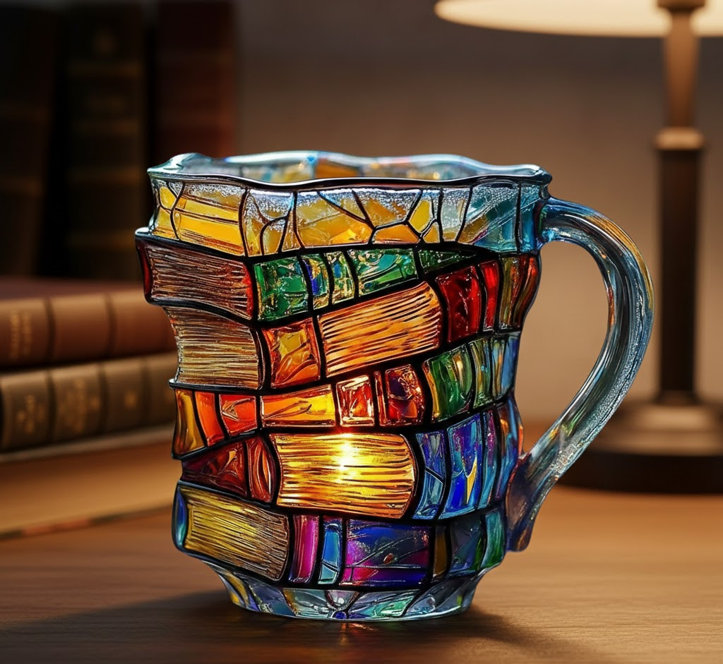 3D glazen mok in boekdesign als literair cadeau
