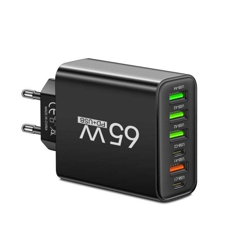 65W USB-oplader met zes poorten voor kantoor, thuis en op reis