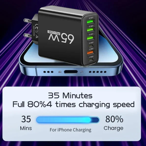 65W USB-oplader met zes poorten voor kantoor, thuis en op reis