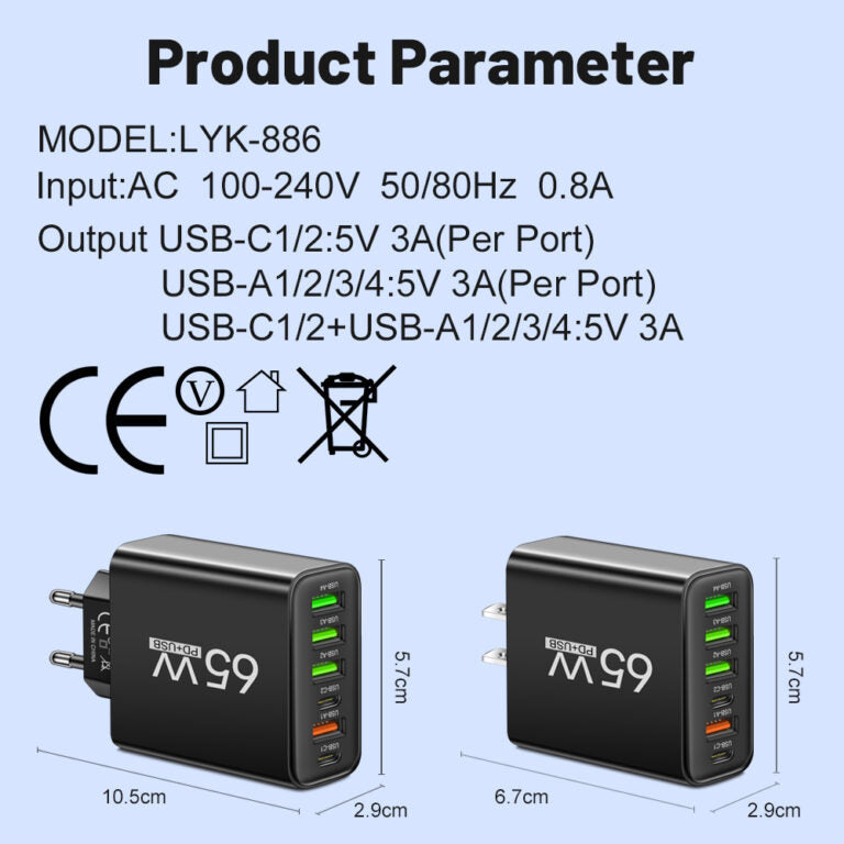 65W USB-oplader met zes poorten voor kantoor, thuis en op reis