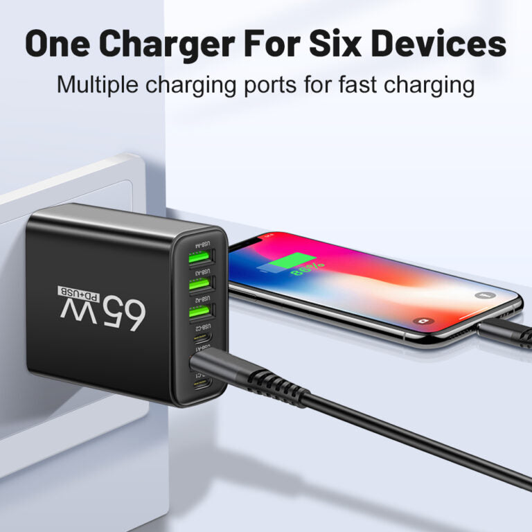 65W USB-oplader met zes poorten voor kantoor, thuis en op reis
