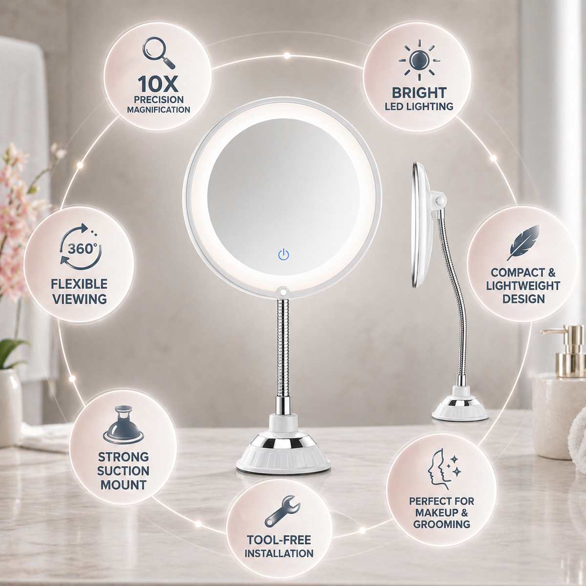 Badkamerspiegel met vergroting, ledverlichting en flexibele arm