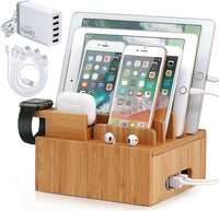 Bamboe Oplaadstation | 5-Poorts USB & Organizer | Voor Smartphone, Tablet & Smartwatch | Inclusief Kabelset