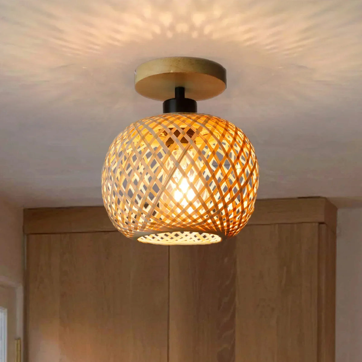 Bamboe plafondlamp | Handgevlochten rotan ledlamp