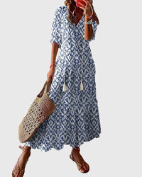 Bedrukte dames maxi-jurk met V-hals