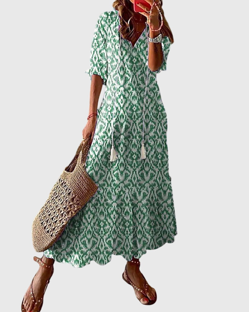 Bedrukte dames maxi-jurk met V-hals