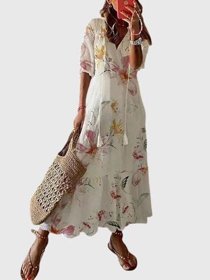 Bedrukte dames maxi-jurk met V-hals