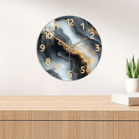 Blauw-gouden wandklok met marmerpatroon | Houten wandklok met stil uurwerk