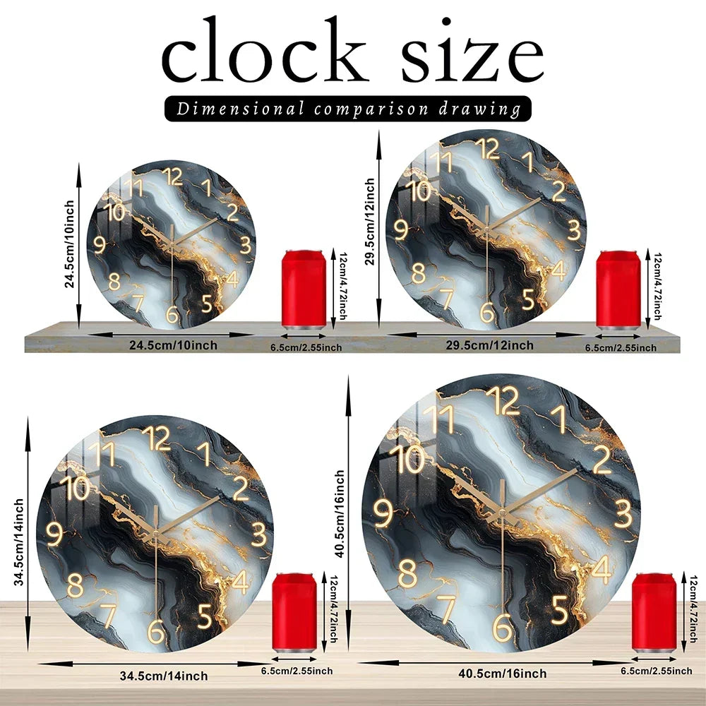 Blauw-gouden wandklok met marmerpatroon | Houten wandklok met stil uurwerk