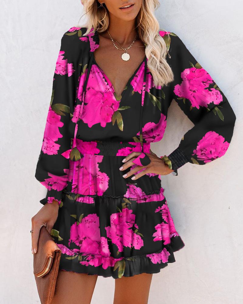Bloemen mini-jurk voor dames met lange mouwen