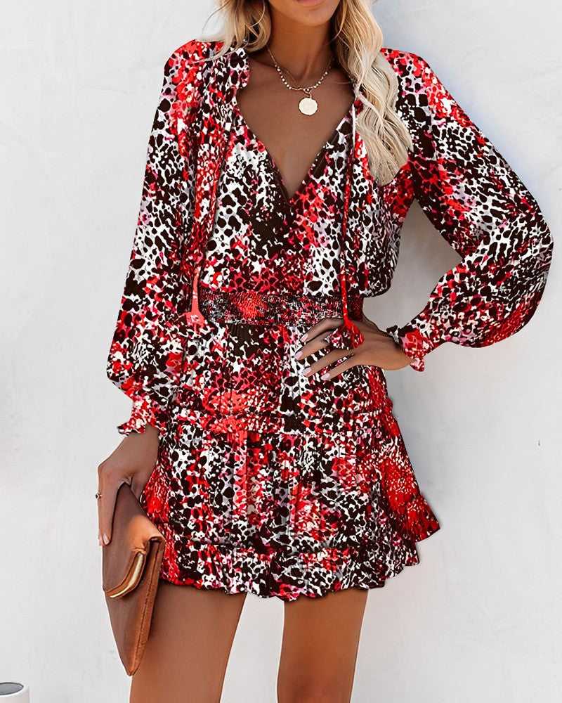 Bloemen mini-jurk voor dames met lange mouwen
