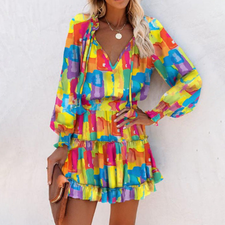 Bloemen mini-jurk voor dames met lange mouwen