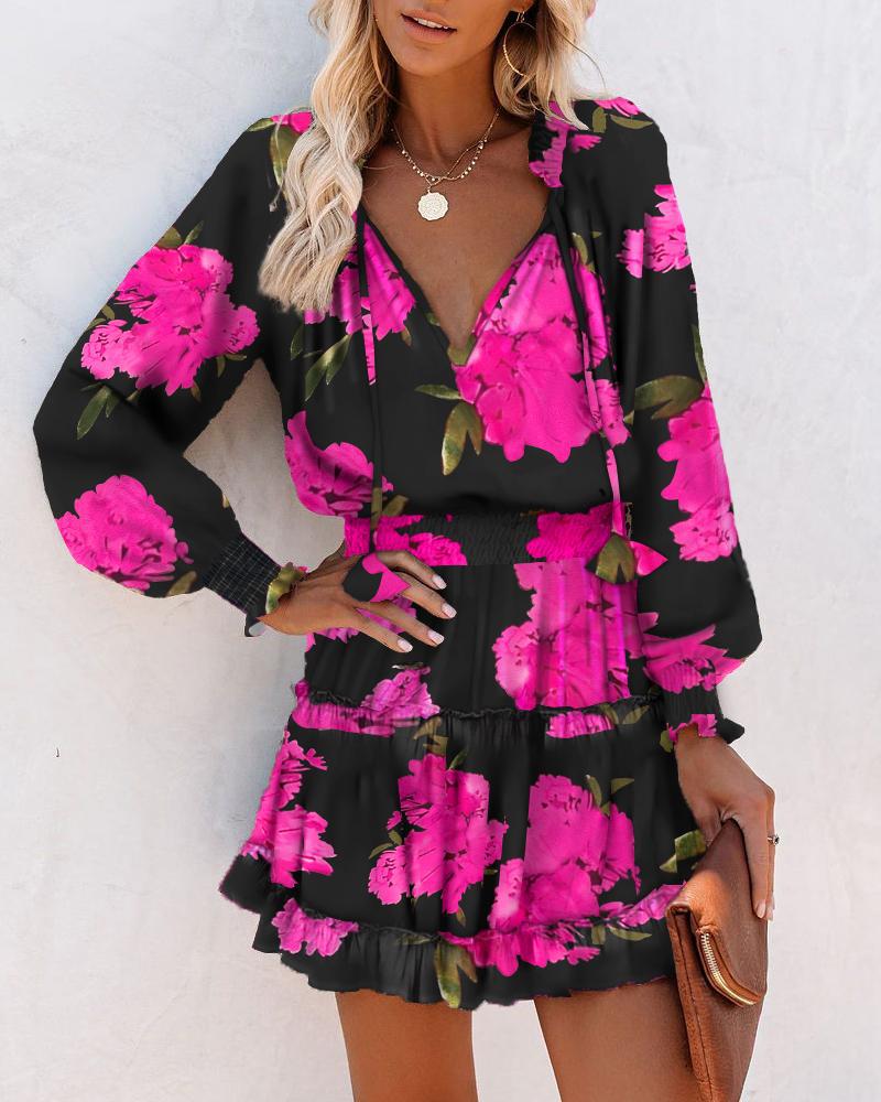 Bloemen mini-jurk voor dames met lange mouwen