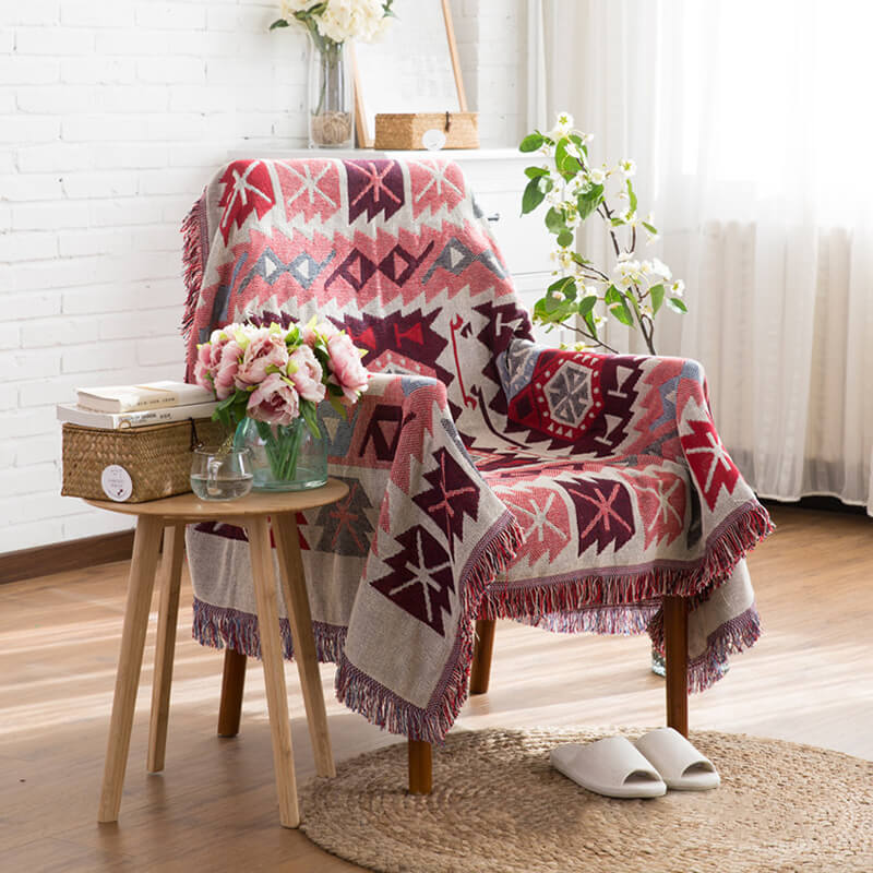 Bohemian gebreid bankplaid met franjes