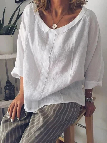 Casual linnen damesblouse met 3/4-mouwen - wit