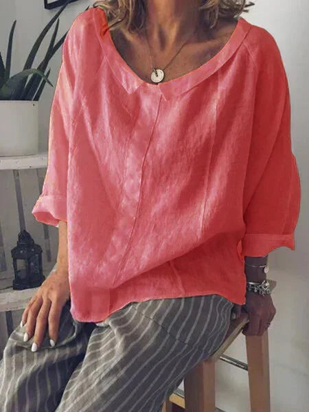 Casual linnen damesblouse met 3/4-mouwen - wit