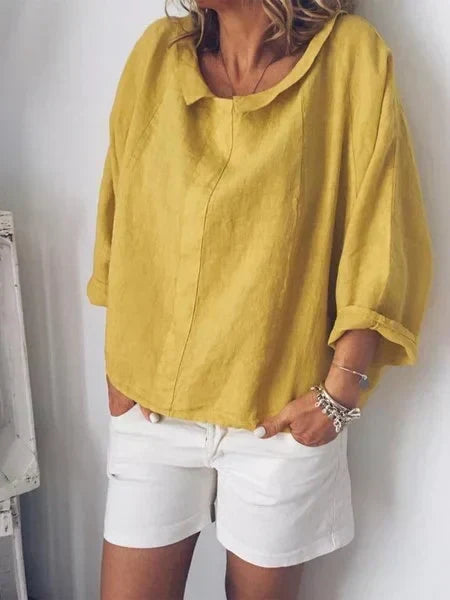Casual linnen damesblouse met 3/4-mouwen - wit