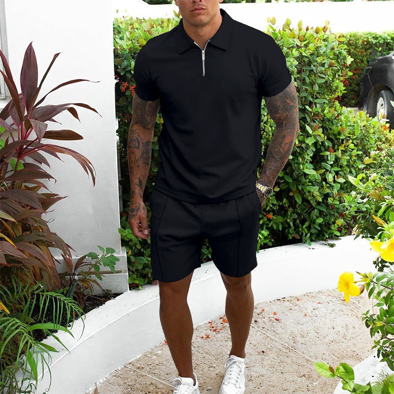 Casual set met poloshirt met ritssluiting en shorts
