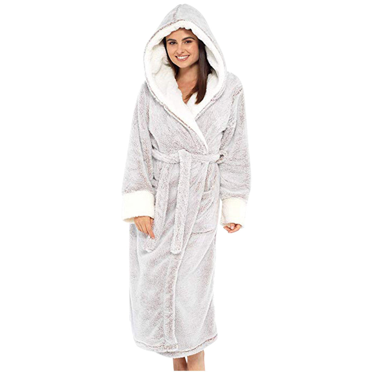Comfortabele fleece ochtendjas met capuchon en strikceintuur