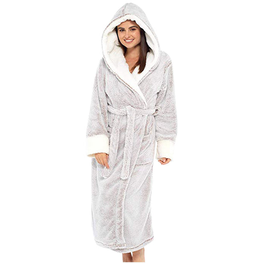 Comfortabele fleece ochtendjas met capuchon en strikceintuur