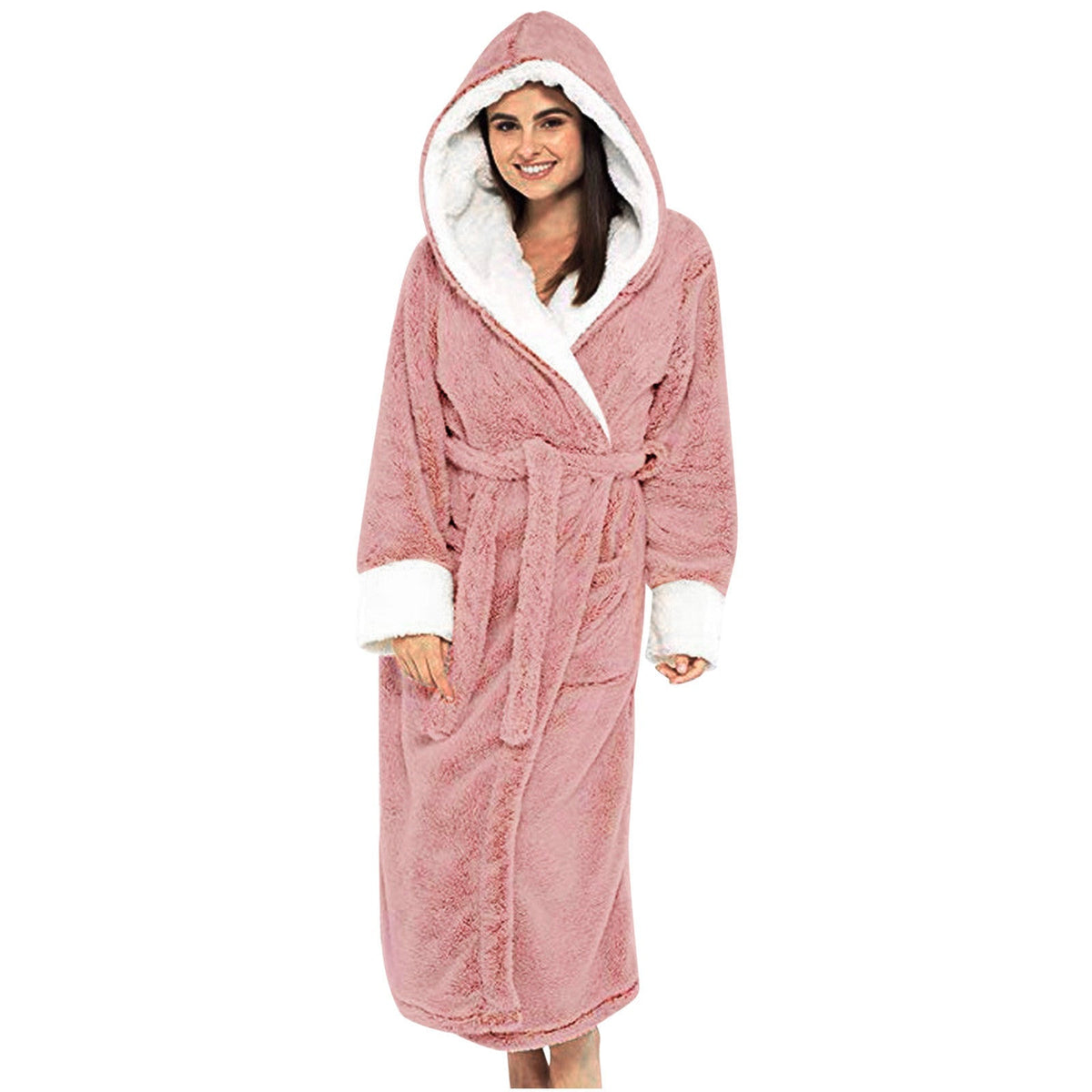 Comfortabele fleece ochtendjas met capuchon en strikceintuur
