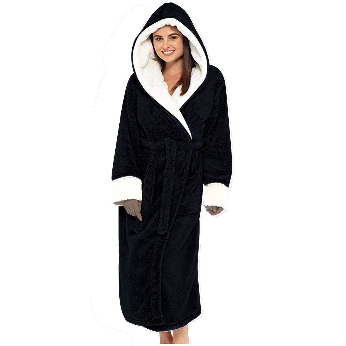 Comfortabele fleece ochtendjas met capuchon en strikceintuur