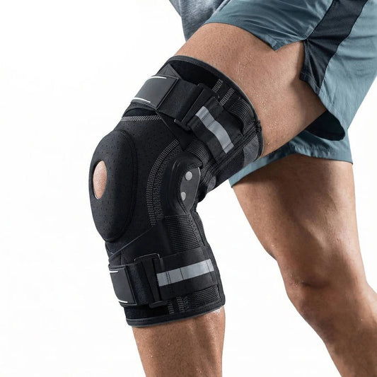Compressie kniebrace met zijstabilisatoren voor hardlopen en basketbal