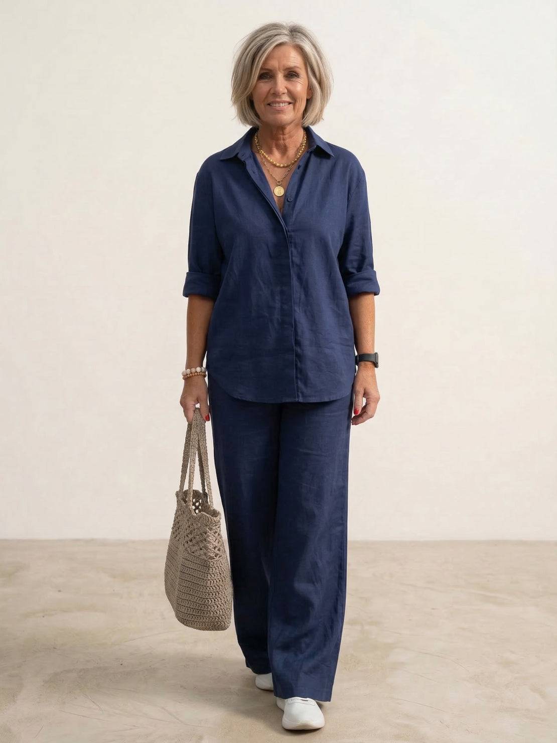 Dames co-ord set met oversized overhemd en wijd gesneden broek – casual tweedelige set van katoenmix