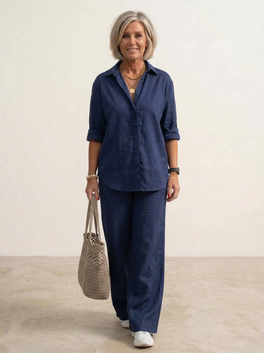 Dames co-ord set met oversized overhemd en wijd gesneden broek – casual tweedelige set van katoenmix