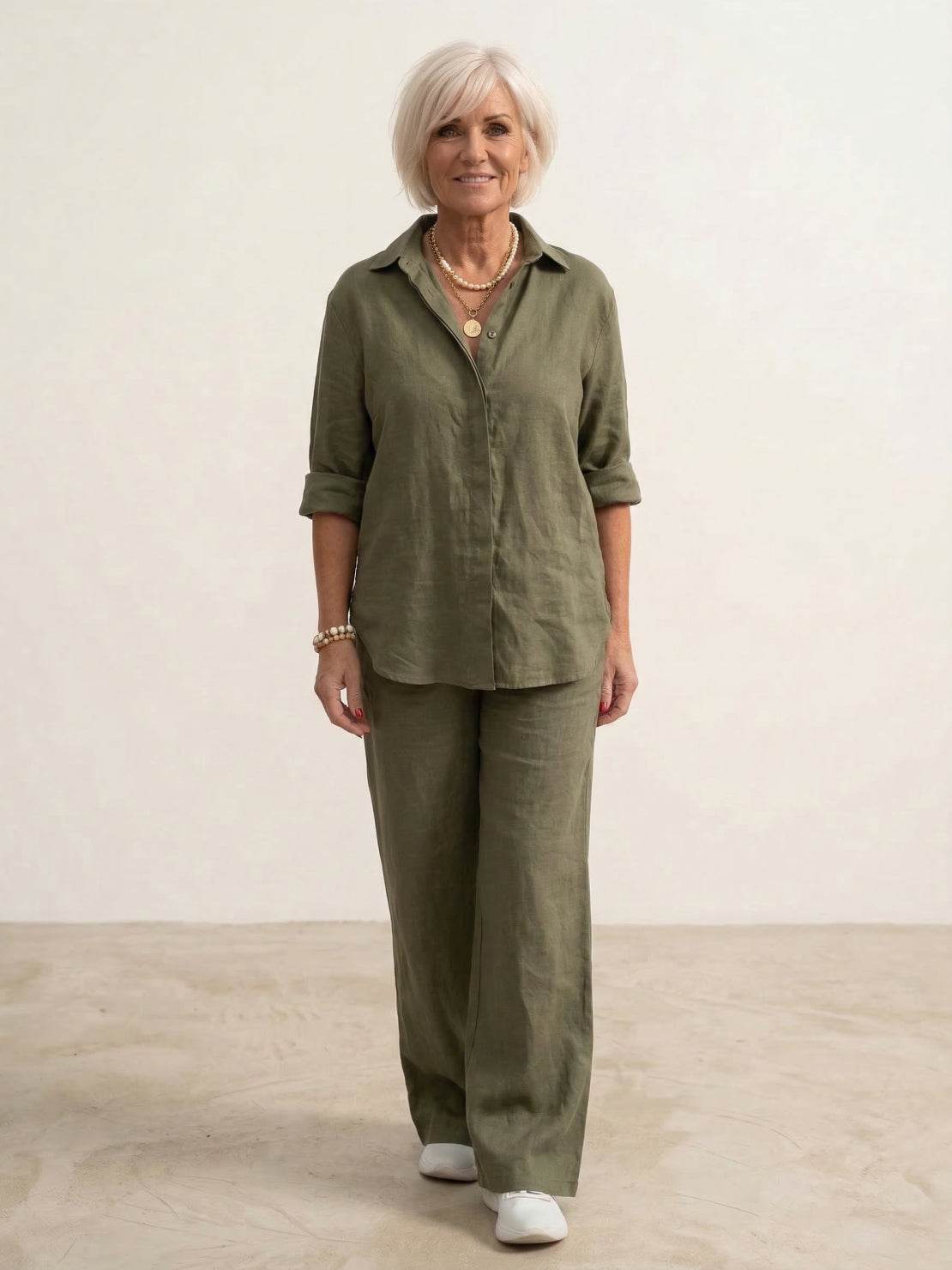 Dames co-ord set met oversized overhemd en wijd gesneden broek – casual tweedelige set van katoenmix