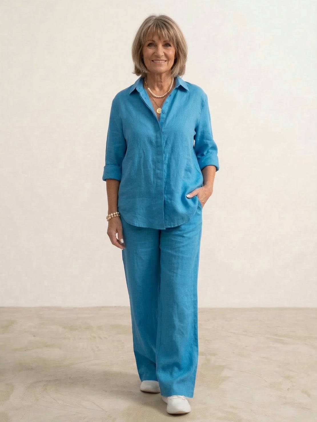 Dames co-ord set met oversized overhemd en wijd gesneden broek – casual tweedelige set van katoenmix