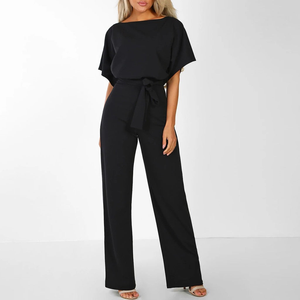 Dames Jumpsuit met Brede Pijpen - Korte Mouwen en Riem