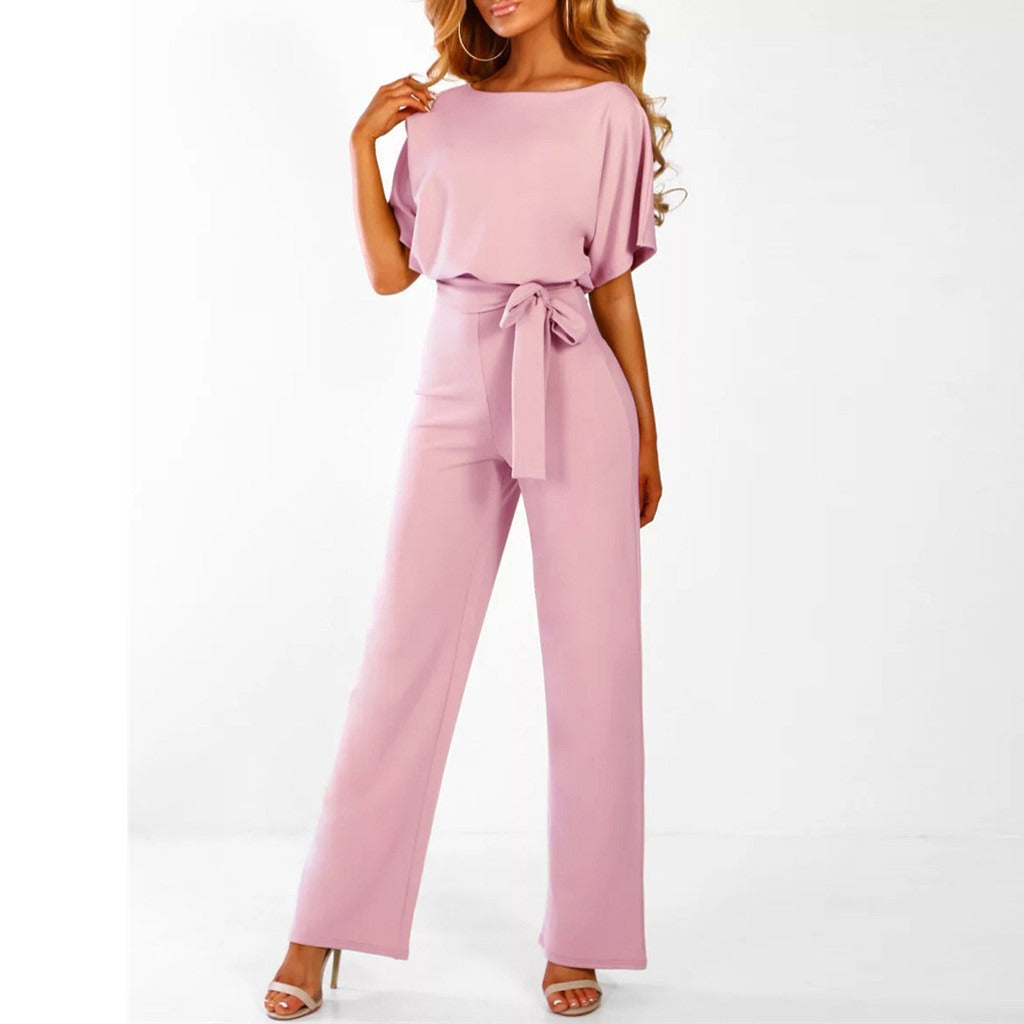 Dames Jumpsuit met Brede Pijpen - Korte Mouwen en Riem
