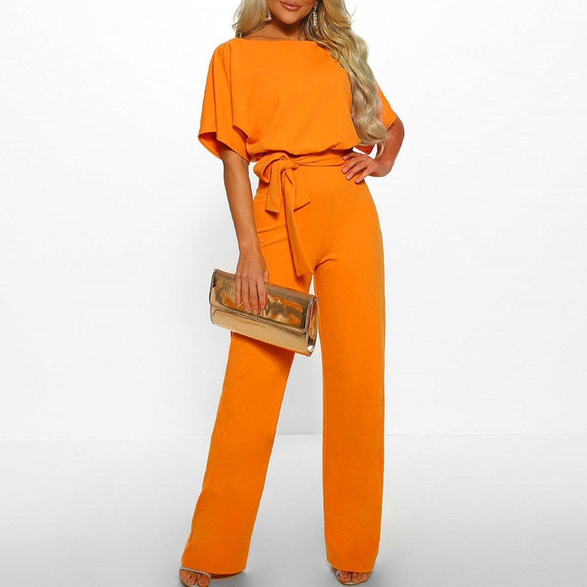 Dames Jumpsuit met Brede Pijpen - Korte Mouwen en Riem