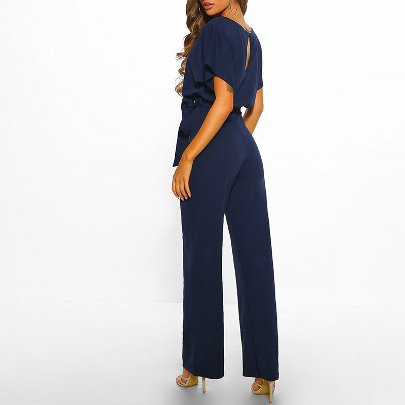 Dames Jumpsuit met Brede Pijpen - Korte Mouwen en Riem