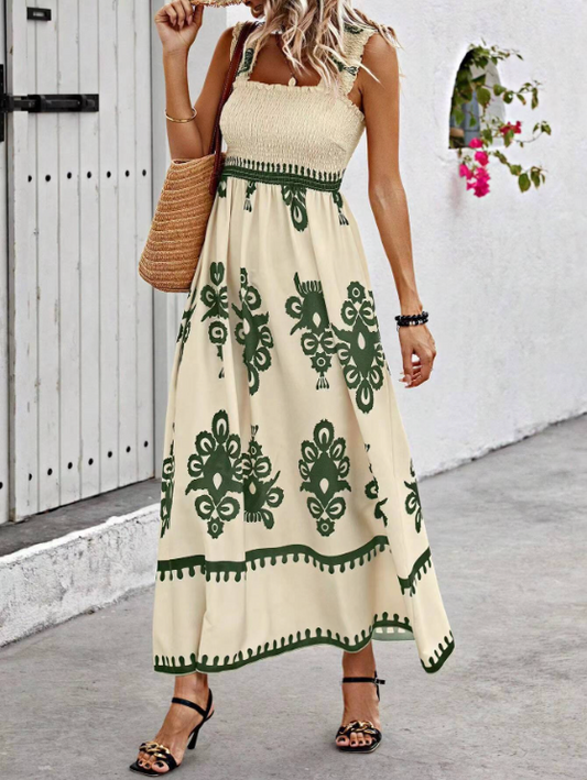 Dames maxi-jurk met gesmokt lijfje