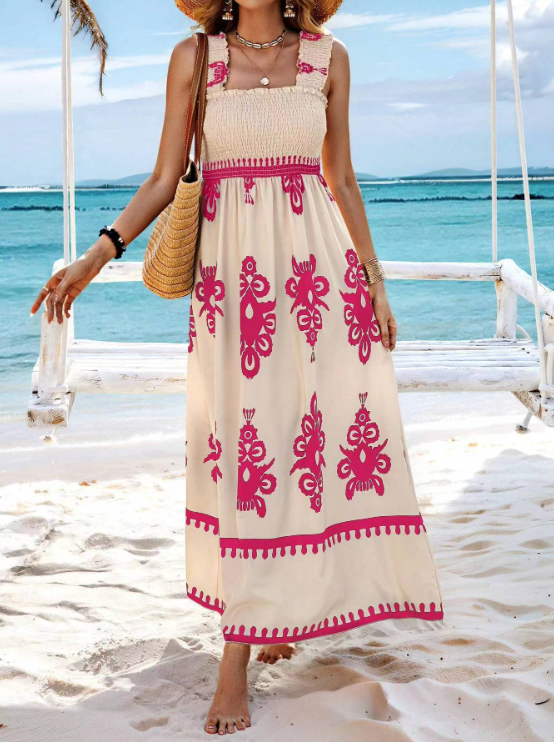 Dames maxi-jurk met gesmokt lijfje